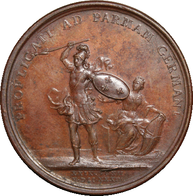 Medaglia commemorativa della Battaglia della Crocetta avvenuta tra forze austro tedesche e franco piemontesi per la conquista di Parma nel 1734.