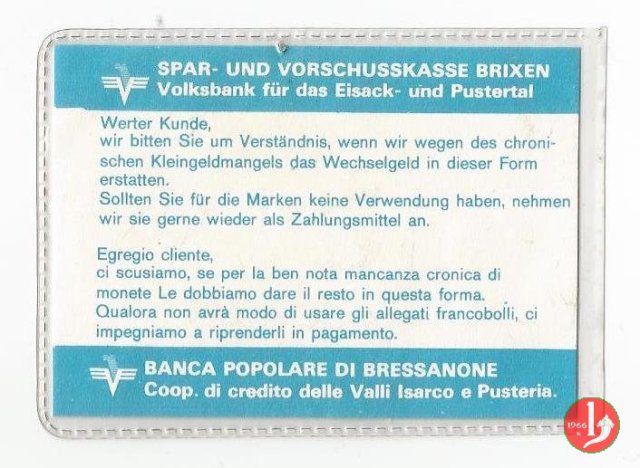 Volksbank Brixen Valli Isarco e Pusteria Cambio Valute 1970-1980