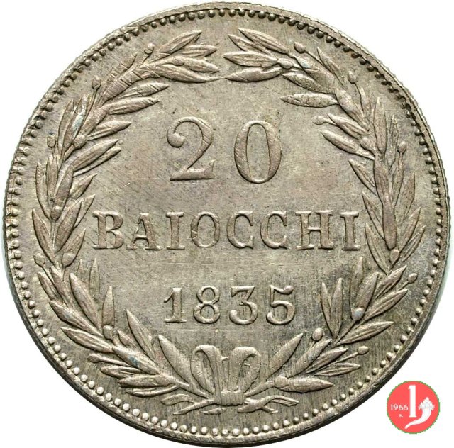 20 Baiocchi (Doppio Giulio, 1/5 di Scudo, Papetto) 1835 (Bologna)