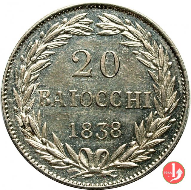 20 Baiocchi (Doppio Giulio, 1/5 di Scudo, Papetto) 1838 (Bologna)