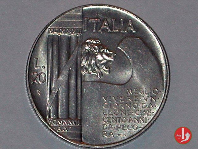 20 lire cappellone o elmetto 1928 (Roma)