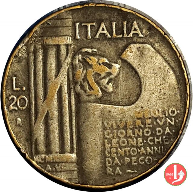 20 lire cappellone o elmetto 1928 (Roma)