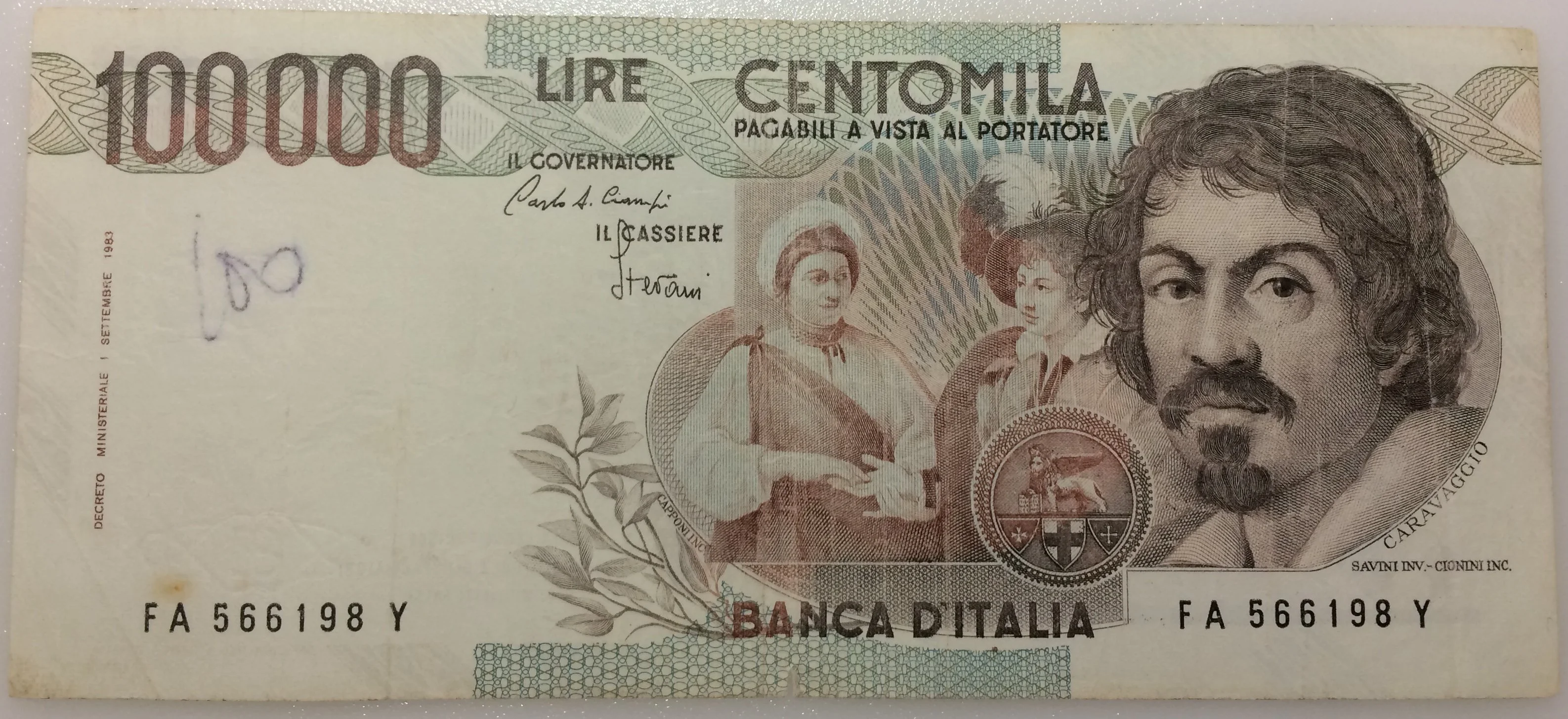 100.000 lire Caravaggio 1983