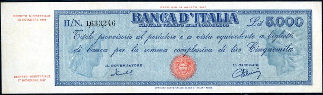 5.000 lire Titolo Provvisorio 1949