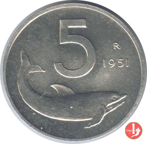 5 lire delfino 1951 (Roma)