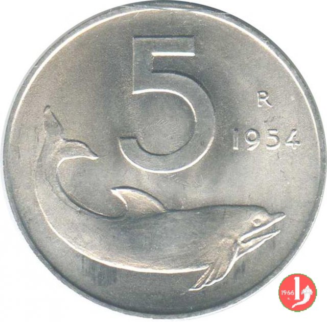 5 lire delfino 1954 (Roma)