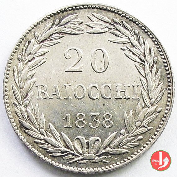 20 Baiocchi (Doppio Giulio, 1/5 di Scudo, Papetto) 1838 (Bologna)