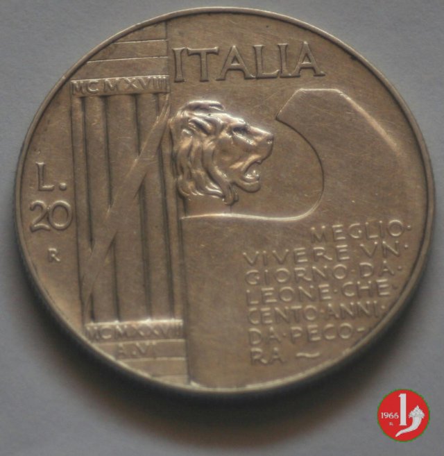 20 lire cappellone o elmetto 1928 (Roma)