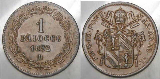 1 baiocco secondo periodo 1852 (Bologna)