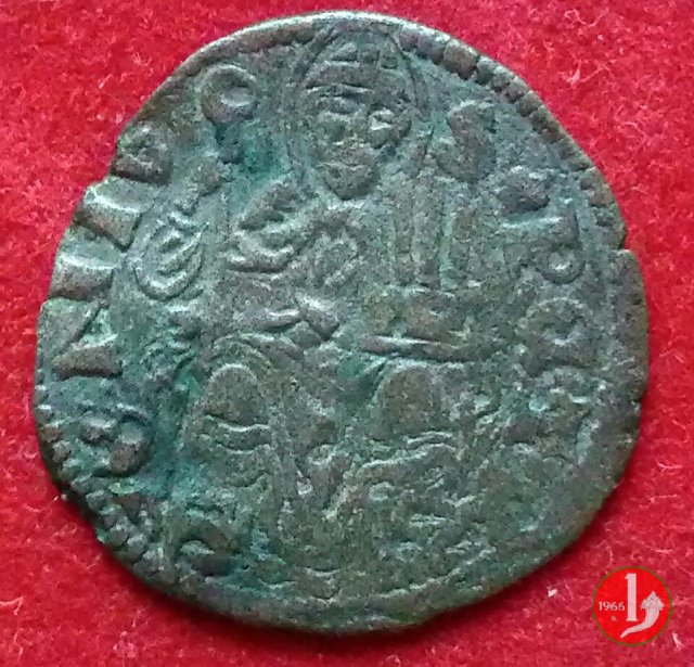 quattrino (chiavarino) con santo in piedi e croce nella legenda 1410-1422 (Bologna)