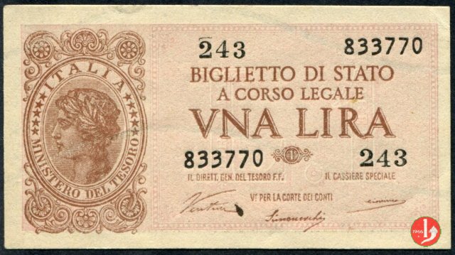 1 Lira "Italia Laureata" 1944