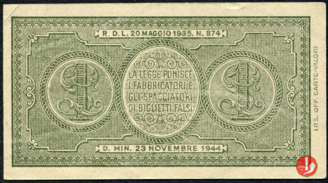 1 Lira "Italia Laureata" 1944