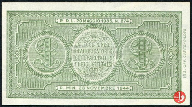 1 Lira "Italia Laureata" 1944