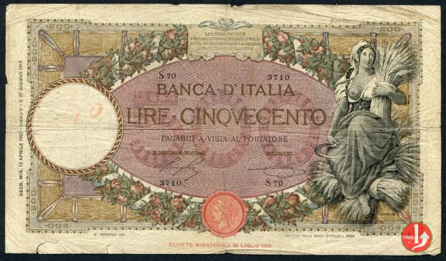 500 Lire Capranesi "Mietitrice" 1927