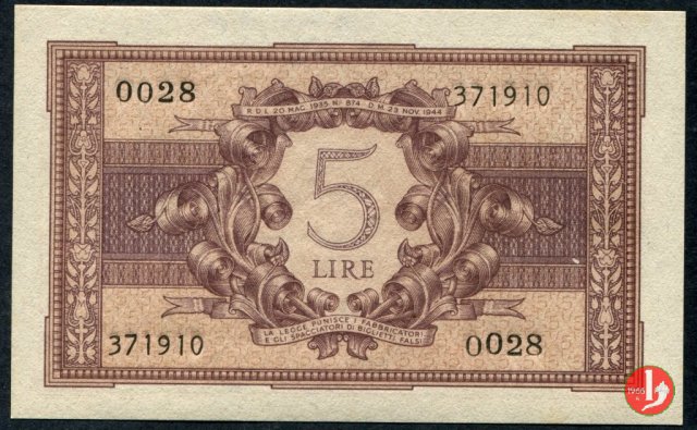 5 Lira "Atena Elmata" 1944
