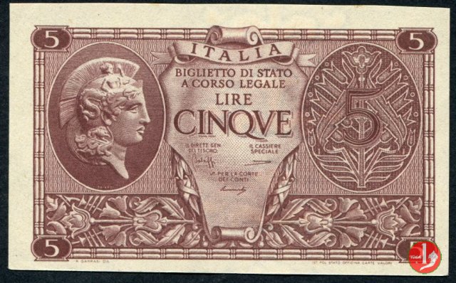 5 Lira "Atena Elmata" 1944