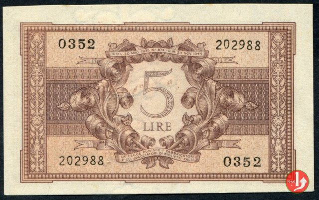 5 Lira "Atena Elmata" 1944