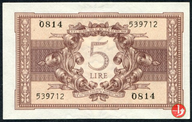 5 Lira "Atena Elmata" 1944