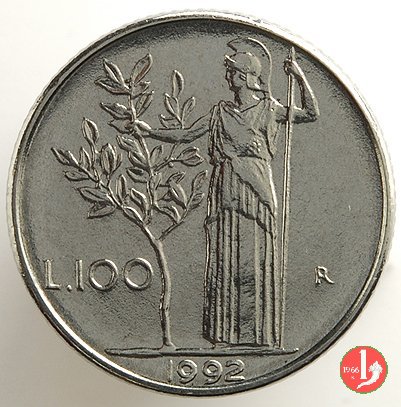 100 lire Minerva modulo ridotto 1992 (Roma)