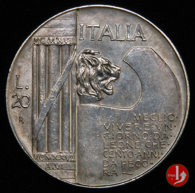 20 lire cappellone o elmetto 1928 (Roma)