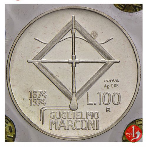 prova 100 lire 1974 (Marconi) in argento 1974 (Roma)