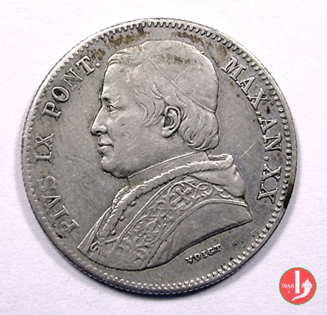 20 baiocchi (Doppio Giulio del 2° tipo) 1865 (Roma)