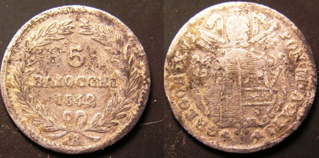 5 Baiocchi (Grosso o Mezzo Paolo) 1842 (Bologna)