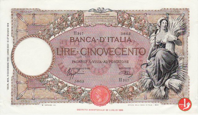 500 Lire Capranesi "Mietitrice" 1940