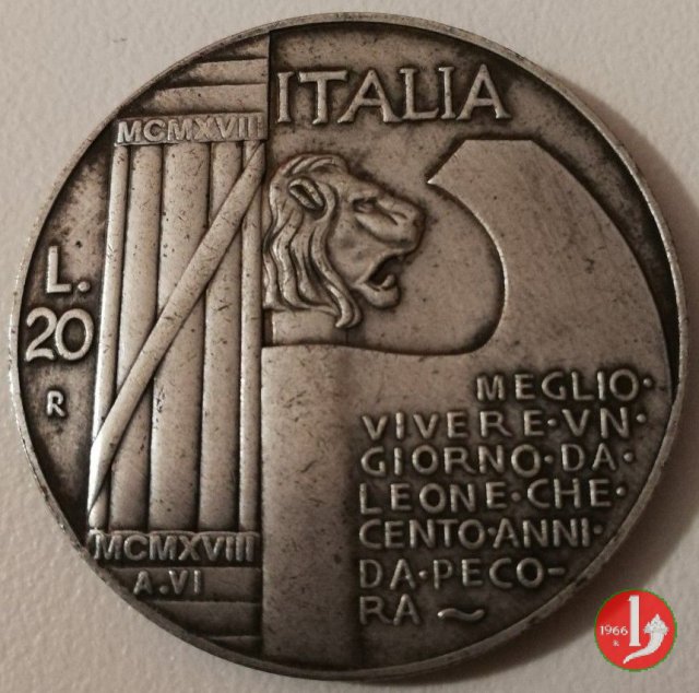 20 lire cappellone o elmetto 1928 (Roma)