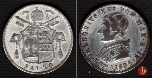 20 Baiocchi (1/5 di Scudo, Doppio Giulio, Papetto) 1834 (Roma)