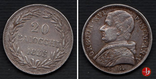 20 Baiocchi (Doppio Giulio, 1/5 di Scudo, Papetto) 1835 (Bologna)