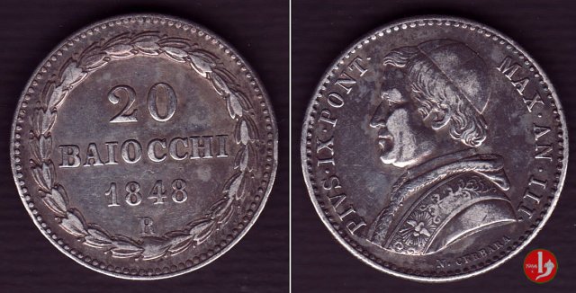 20 baiocchi (Doppio Giulio del 1° tipo) 1848 (Roma)