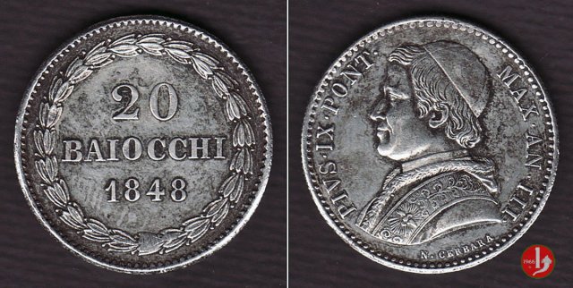 20 baiocchi (Doppio Giulio del 1° tipo) 1848 (Roma)