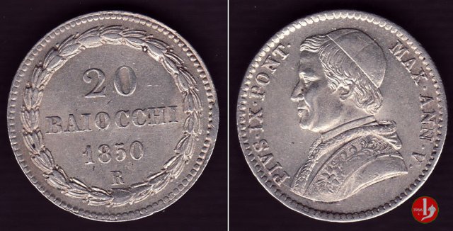 20 baiocchi (Doppio Giulio del 1° tipo) 1850 (Roma)