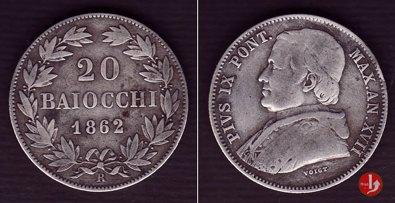20 baiocchi (Doppio Giulio del 2&deg; tipo) 1862 (Roma)