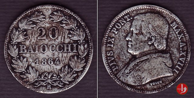 20 baiocchi (Doppio Giulio del 2° tipo) 1864 (Roma)