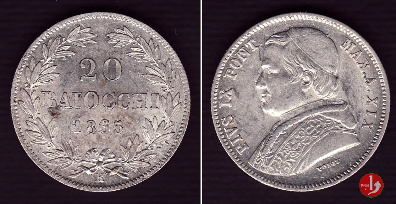 20 baiocchi (Doppio Giulio del 2&deg; tipo) 1865 (Roma)