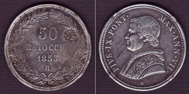 50 baiocchi (1/2 Scudo) 1853 (Roma)