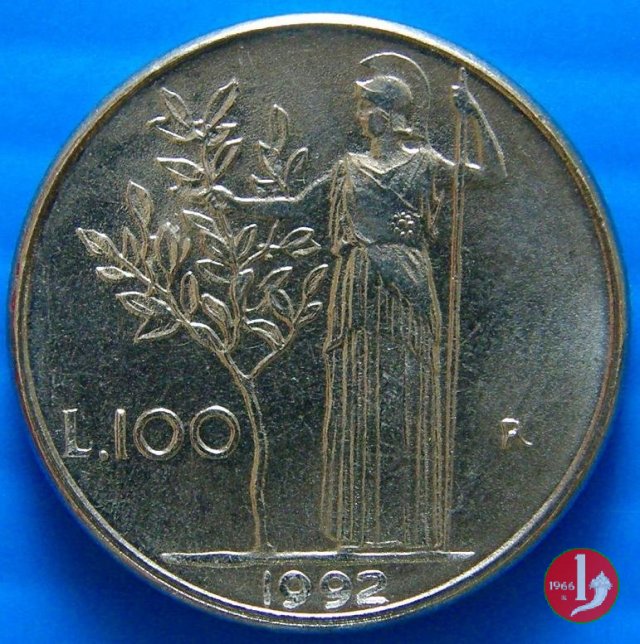 100 lire Minerva modulo ridotto 1992 (Roma)