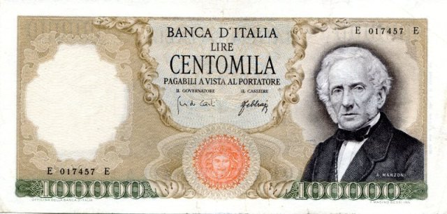 100.000 lire Alessandro Manzoni 1967