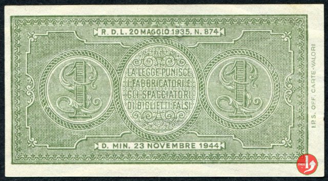 1 Lira "Italia Laureata" 1944