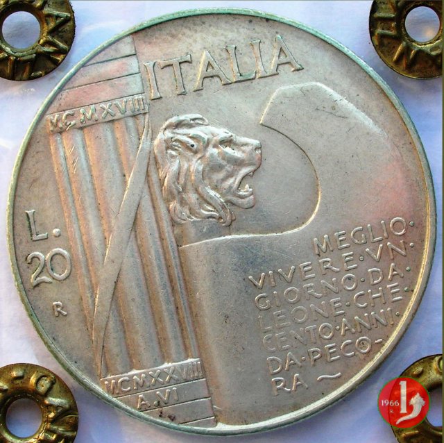 20 lire cappellone o elmetto 1928 (Roma)