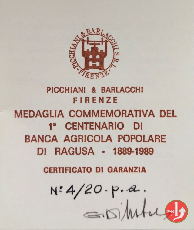 1° Centenario di fondazione della Banca Agricola Popolare di Ragusa 1889-1989 1989