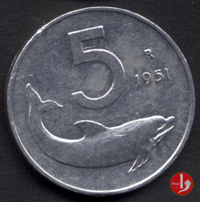 5 lire delfino 1951 (Roma)