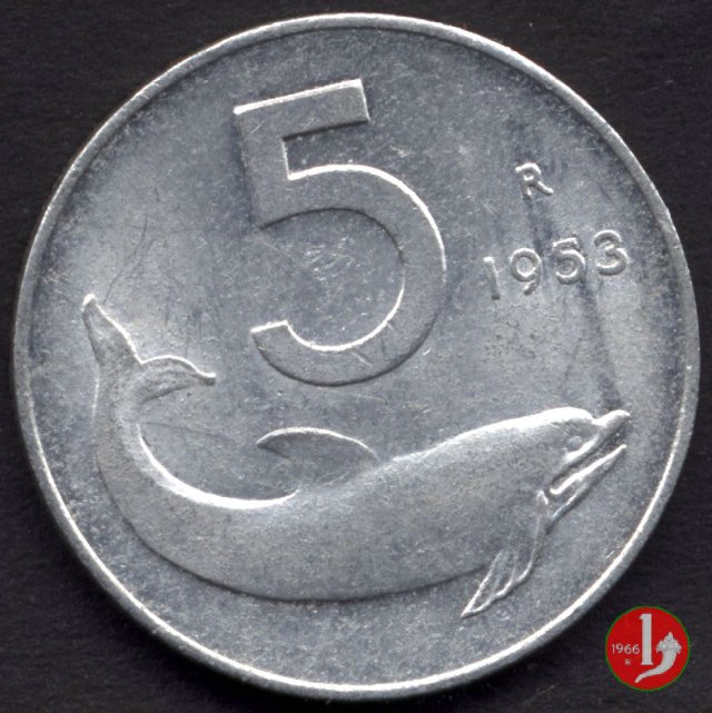 5 lire delfino 1953 (Roma)