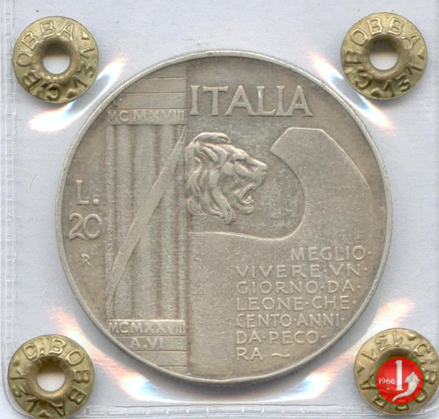 20 lire cappellone o elmetto 1928 (Roma)